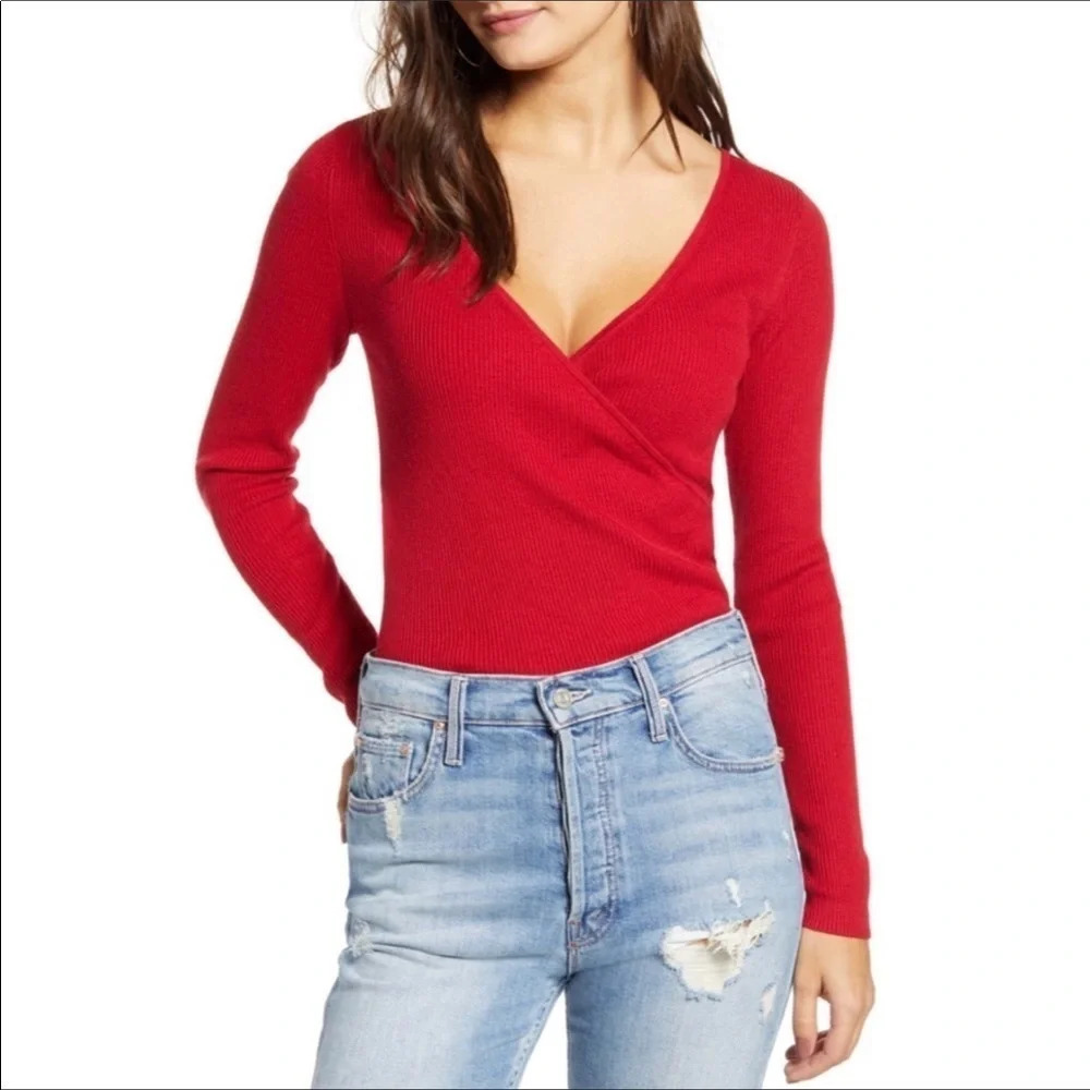 Leith Nordstrom Red Wrap Ribbed Knit Sweater S